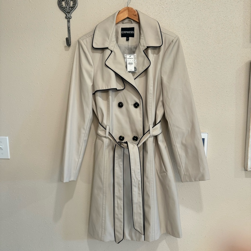 NWT Express  Khaki Trench Coat Black Piping